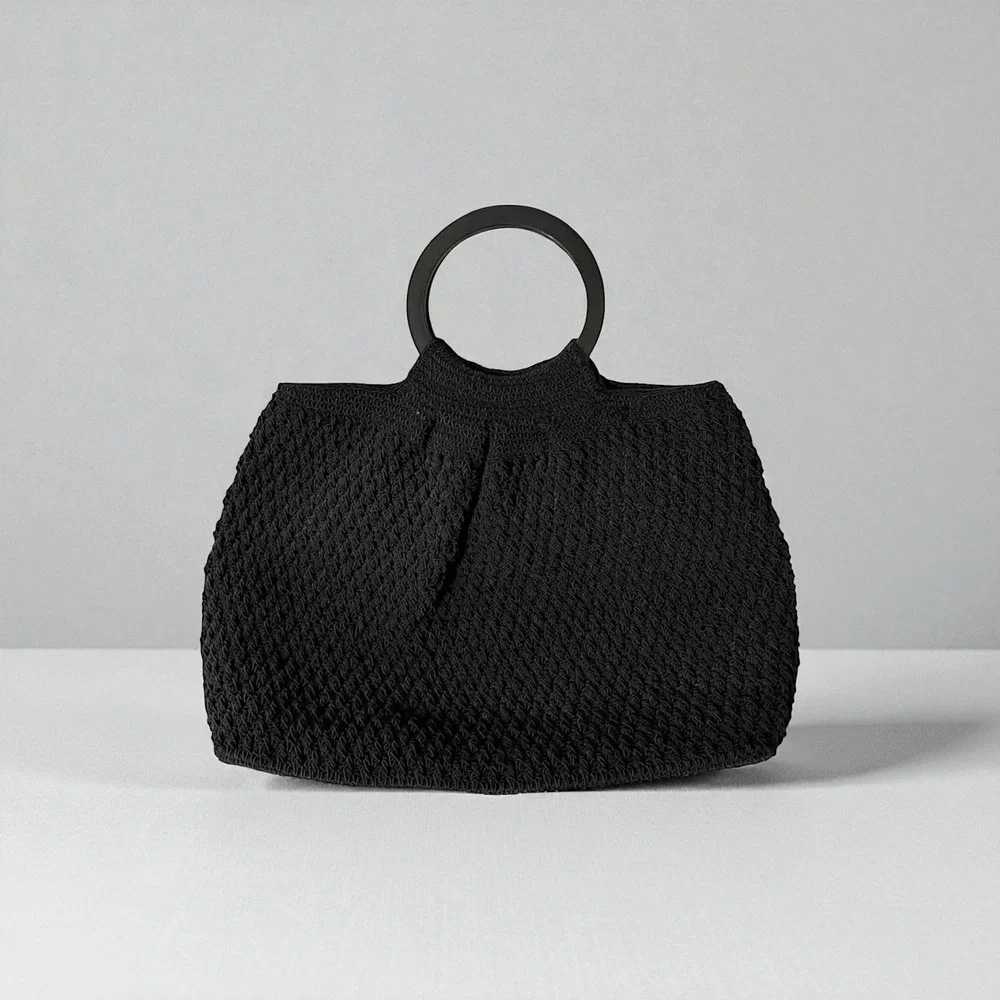 Liz Claiborne Macrame Crochet Handbag Black Wood Handles Lined 9x13x4 Boho Retro